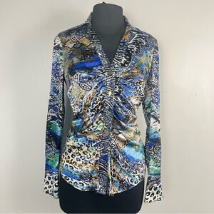 True vintage late 90s/ 2000s silk abstract pattern ruched button up Cache size s